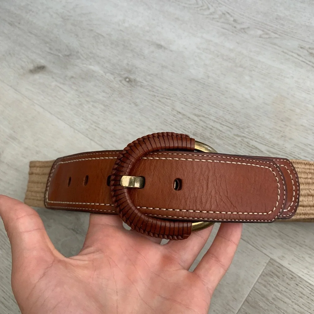 Fossil Womens Woven Stretch Belt Brown Leather Buckle Tan Straw BT3476200 Small